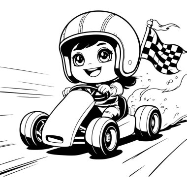 Kask takan tatlı kız yarış bayrağı tutuyor.