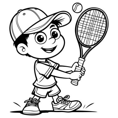 Şapkalı mutlu çocuk tenis oynuyor raket ve top tutuyor