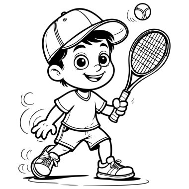 Şapkalı mutlu çocuk tenis oynuyor raket ve top tutuyor