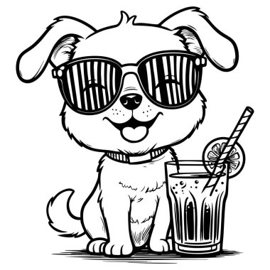 Güneş gözlüğü takan tatlı köpek meyve suyu ile oturmuş gülümsüyor.