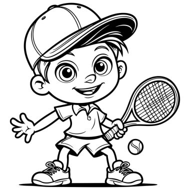 Raketle tenis oynayan tatlı çocuk ve top çocuk sanatı için mükemmel.