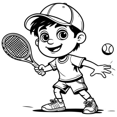 Gülümseyen bir çocuğun tenis topuna raketlerle vurmasının renkli sayfası basılabilir spor aktivitesi