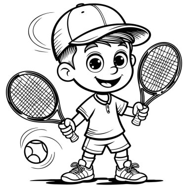 Çocuk spor aktiviteleri için iki tenis raketi tutan mutlu bir çocuğun boyama sayfası.