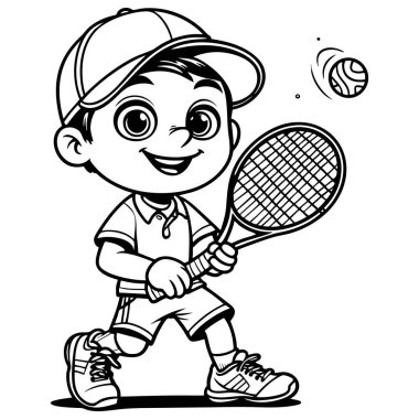 Gülen yüzüyle tenis raketi sallayan yakışıklı bir çocuk. Renklendirme sayfası etkinliği için mükemmel.