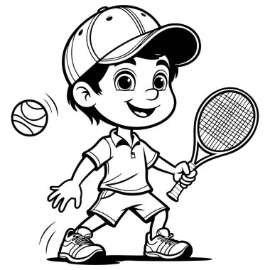 Elinde tenis raketi tutan gülümseyen çocuk, çocukların boyaması için eğlenceli aktivitelerde spor oynuyor.