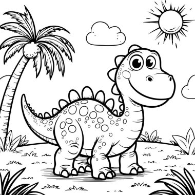 Şirin dinozor doğada duruyor. Palmiye ağacı güneşi ve bulutlarla gülümsüyor. Sayfaları renklendiriyor.