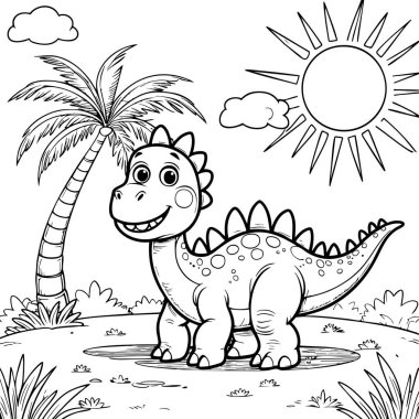 Çizgi film dinozoru güneşin altında gülümsüyor palmiye ağaçlarıyla arka plan boyama sayfası çocuklar eğlence aktivitesi