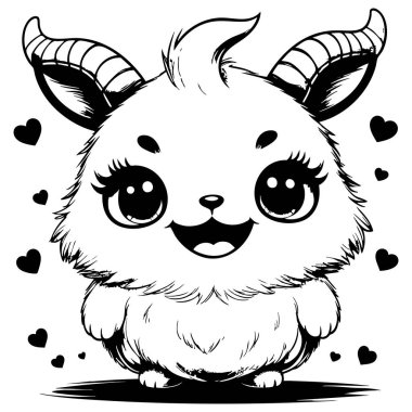 Kocaman gözleri ve kalp sembolleri olan yumuşak çizgi film keçisi.