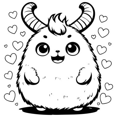 Kocaman gözleri ve boynuzları olan sevimli, pofuduk bir canavar.