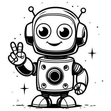 Sevimli robot gülümsüyor. Elinde boyama sayfasında yıldızlar olan barış işareti var.