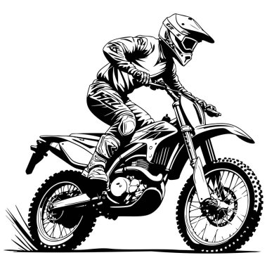 Hızlı motokros sürücüsü siyah-beyaz kask takarak arazi bisikleti sürüyor.