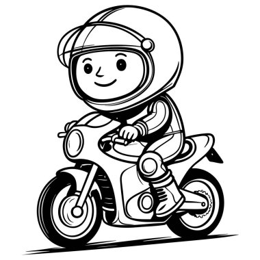 Kasklı bir çocuk, çocukların eğlenceli aktivitelerini renklendirmek için spor bir motosiklet çizgisi çiziyor.