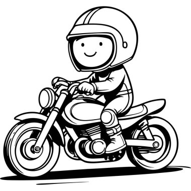 Kasklı gülümseyen bir çocuk motosikletle basit bir taslak çizimi yapıyor. Eğlenceli çocukların boyama aktiviteleri için.