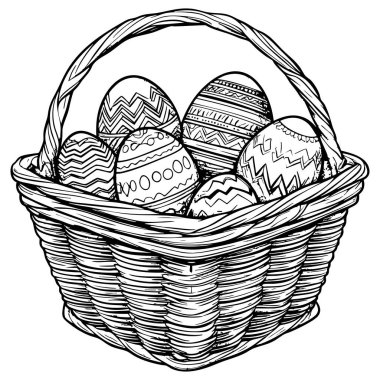 Paskalya sepetinin boyama sayfası tatil çocukları için süslenmiş yumurtalarla dolu.