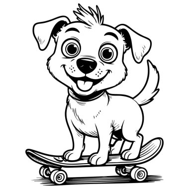 Mutlu köpek kaykayı sürüşü eğlenceli çizgi film stili çocuklar için mükemmel sayfa aktivitesi