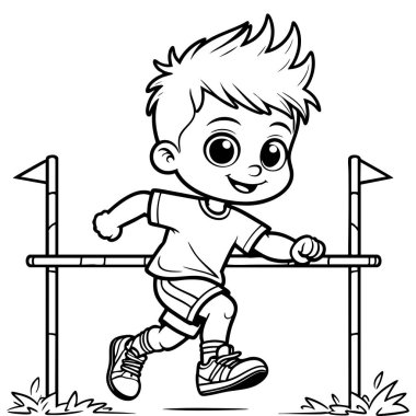 Çocuklar için yarış eğlencesi sayfasında engelin üzerinden atlayan enerjik çocuk.