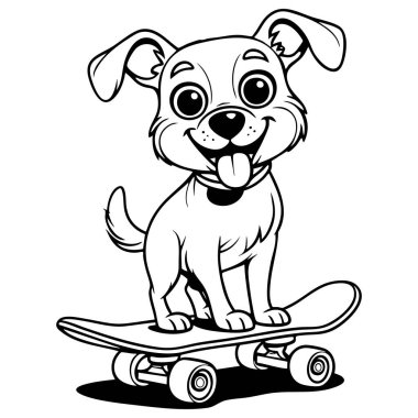 Çocuk boyama kitabı için kaykay yapan sevimli köpek yavrusu aktivitesi