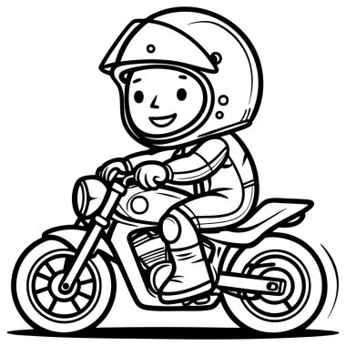 Güvenlik için kask takan mutlu bir çocuğun eğlenceli renkli sayfası.