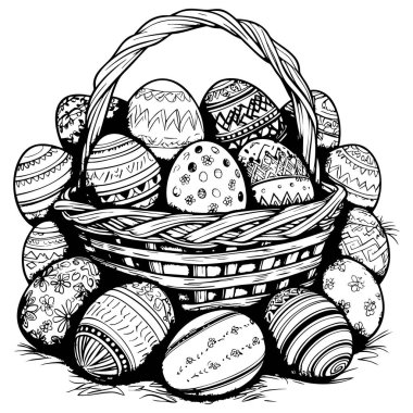 Şenlikli renklendirme için bir sürü desenli Paskalya yumurtasıyla dolu büyük bir sepet.