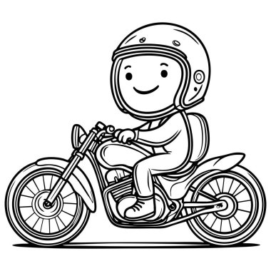 Çocuk boyama sayfası için çizgi film tarzında kask takan gülümseyen çocuk.