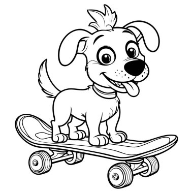 Kaykay süren neşeli köpek. Çocuk aktiviteleri için çizgi film hatlarıyla gülen yüz.