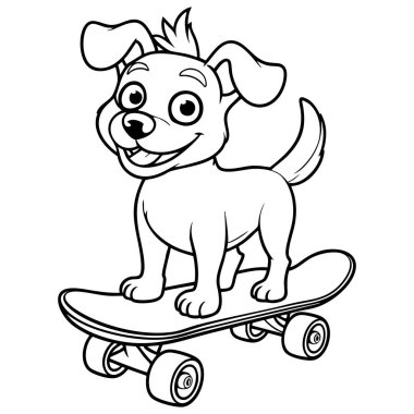 Çizgi film stili boyama sayfası için büyük bir gülümseme ile kaykayın üzerinde duran oyuncu köpek yavrusu.