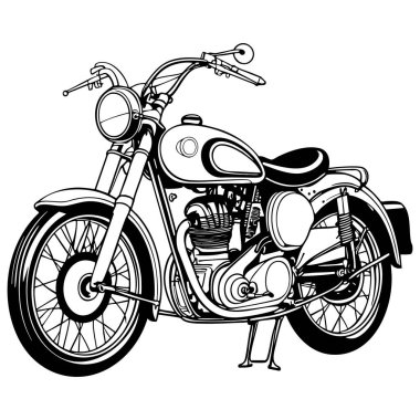 Tekerlekleri ve renklendirme sayfası etkinliği için koltuğu olan eski motosiklet tasarımının ayrıntılı taslağı