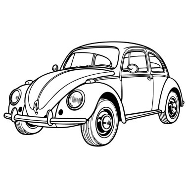 Renklendirme etkinliği için basit bir ana hatla çizilmiş yuvarlak farlı klasik böcek tarzı araba