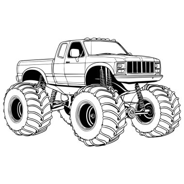 Büyük tekerlekleri olan eski canavar kamyonun ana tasarımı ve boyama etkinliği için kaldırılmış süspansiyon