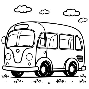 Çocuk boyama eğlencesi için pencere ve tekerlekleri olan basit bir karikatür otobüsü.