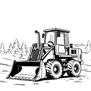 Boyama sayfası ve çocuk aktivitesi için mükemmel bir sanat tarzı olan büyük ön kovalı ağır buldozer.