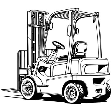 Endüstriyel forklift, siyah beyaz detaylı tasarımı olan ürünleri kaldırıyor.
