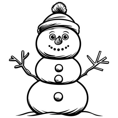 Havuç burunlu ve kış şapkalı gülümseyen kardan adam boyama sayfası eğlencesi için basit bir sanat stili.