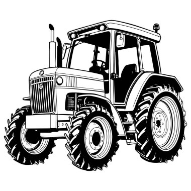 Büyük lastikleri ve kabini olan güçlü bir çiftlik traktörü. Ağır tarımsal makine çizelgesi.