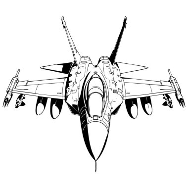 Güçlü savaş uçağı çocukların uçan makineleri ve yaratıcılığı keşfetmeleri için boyama sayfası çiziyor.