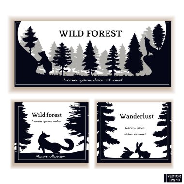 Üç afiş siyah ve beyaz renkli vahşi doğa seti.