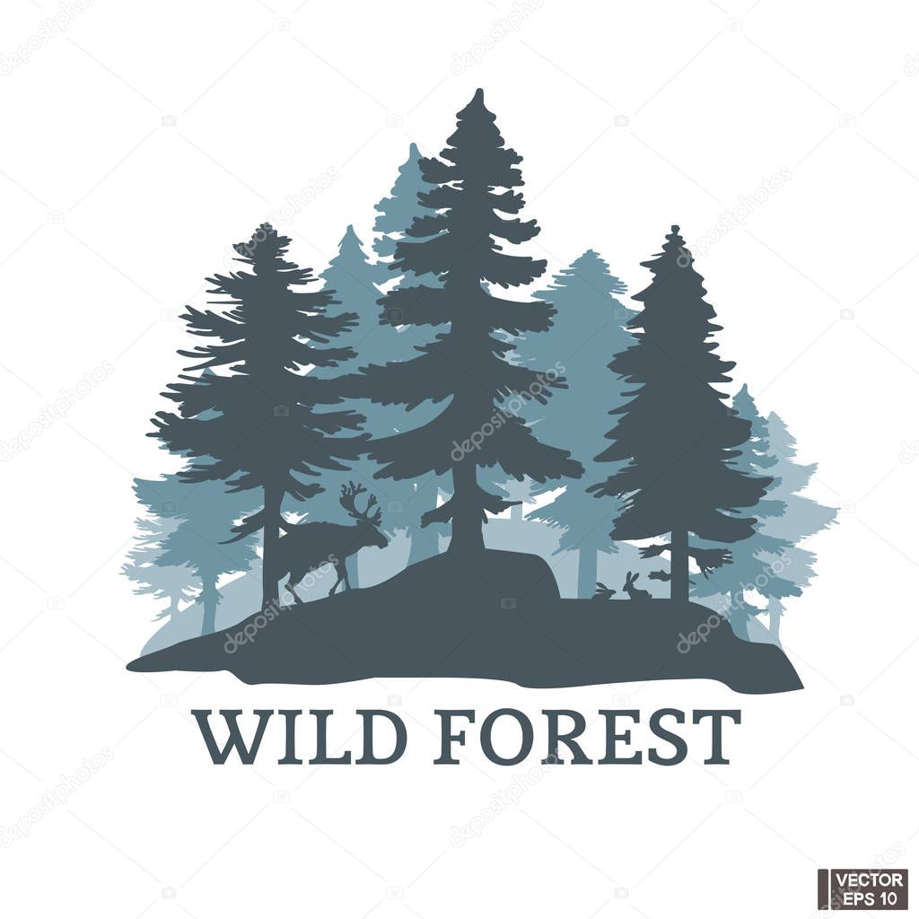 Wild nature. Silhouette of a coniferous forest with animals.