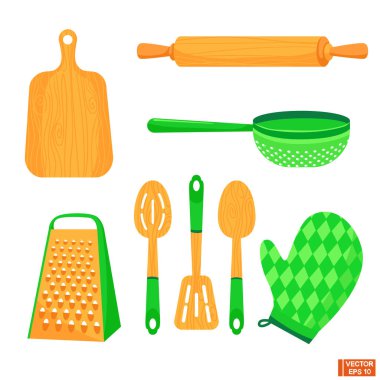 Mutfak gereçleri seti. Yeşil ile açık ahşap renk.