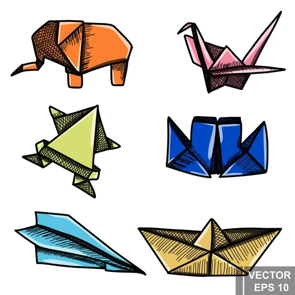 Origami. Beállítása. Vázlat. Kézrajzot. A tervezési. — Stock Vector