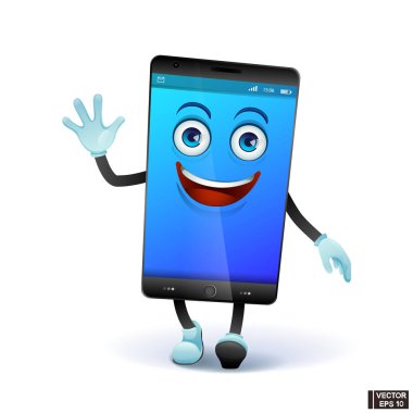 Çizgi film karakteri neşeli akıllı telefon elini sallıyor.