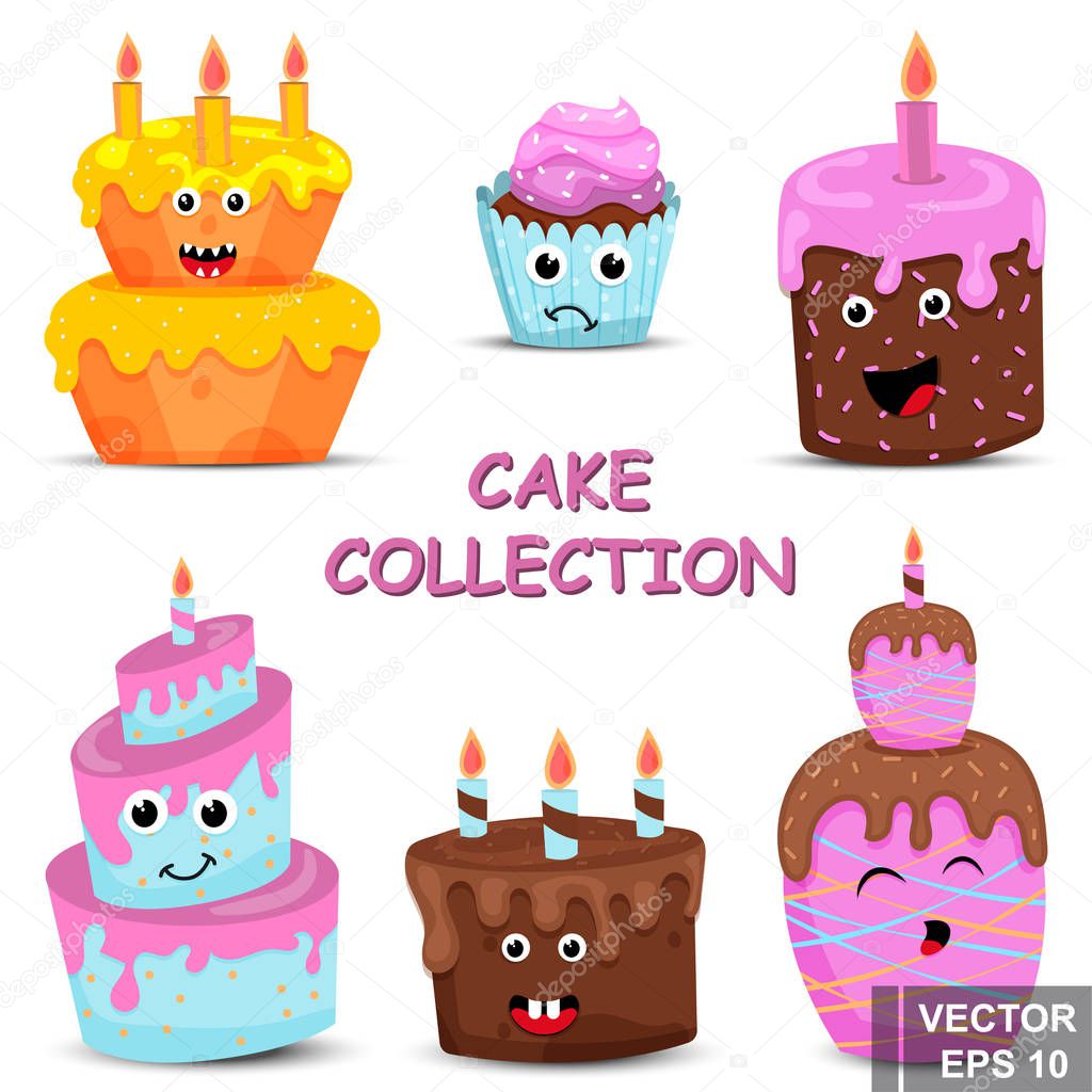 Cake Birthday. Happy. Cartoon style. Bright. Character. For your design.