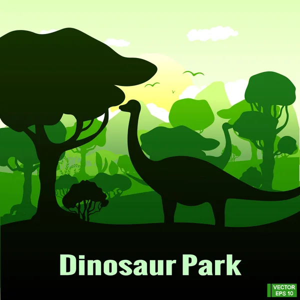 Bosque prehistórico. Parque de dinosaurios. Paisaje con diferentes dinosaurios . — Vector de stock