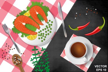 Yukarıdan görüntüleyin. Sağlıklı beslenme. Bir çizgi film. Tablo. Bir balık. Çay. Diyet.