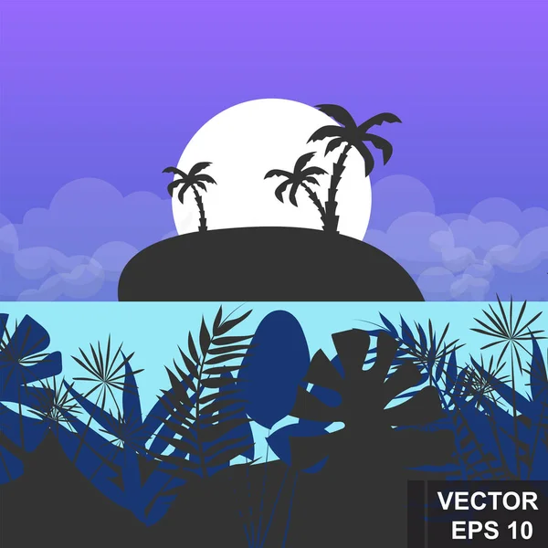 Paisaje de verano. Fondo brillante. Diseño moderno y elegante. Palmeras. Mar. vacaciones. Para imprimir en tarjetas . — Vector de stock