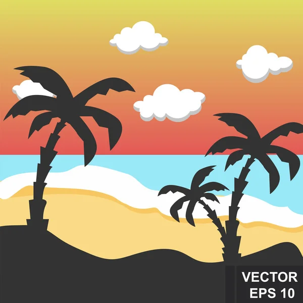 Paisaje de verano. Fondo brillante. Diseño moderno y elegante. Palmeras. Mar. vacaciones. Para imprimir en tarjetas . — Vector de stock