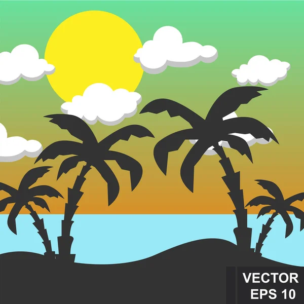 Paisagem verão. Fundo brilhante. Design moderno e elegante. Palmeiras. Mar. De férias. Para impressão em cartões . — Vetor de Stock