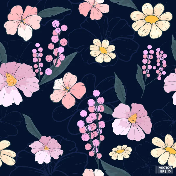 Flores rosadas sin costuras, fondo azul . — Vector de stock