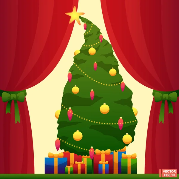 Grandes épicéas élégantes et boîtes avec cadeaux. Cadeaux de Noël . — Image vectorielle