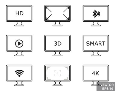 Elektronik. dijital set. Televizyon, monitör. Akıllı televizyon. 4k, 3d. Modern teknolojiler. Mocap ekranları. Tasarımınız için.