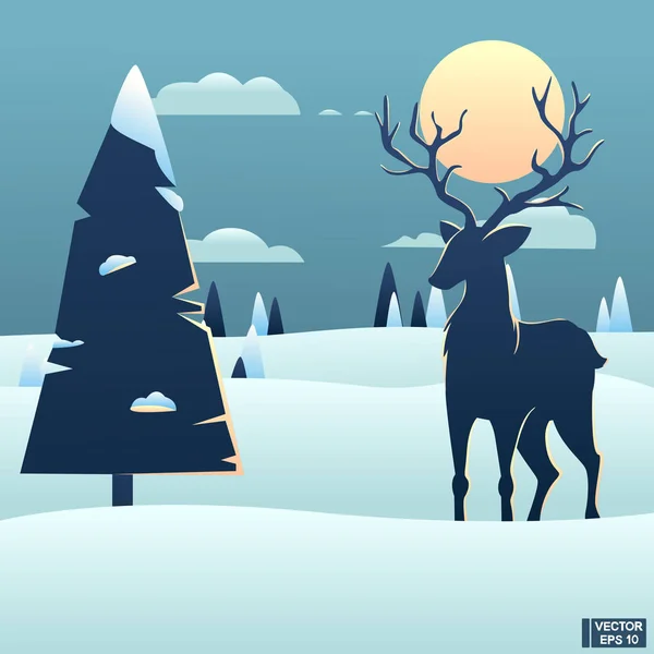 Silhouet van een hert op een achtergrond van bos en sneeuw. — Stockvector